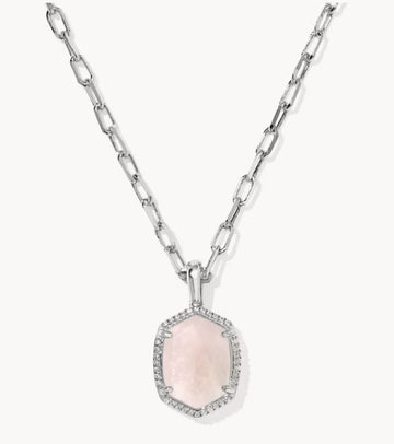 KENDRA SCOTT- Daphne Rhodium Pave Framed Pendant Necklace in Rose Quartz